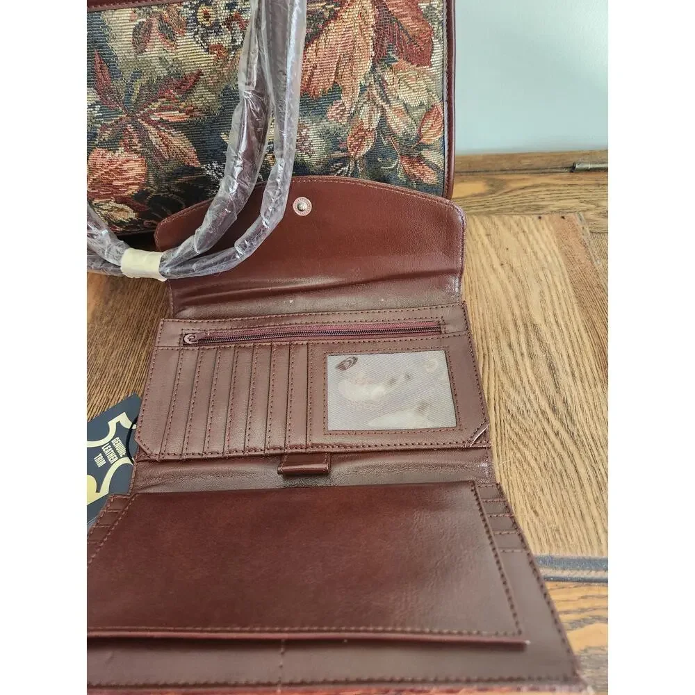 Vtg Marc Chantal Tapestry bag and matching wallet NWT and leather trim 80's